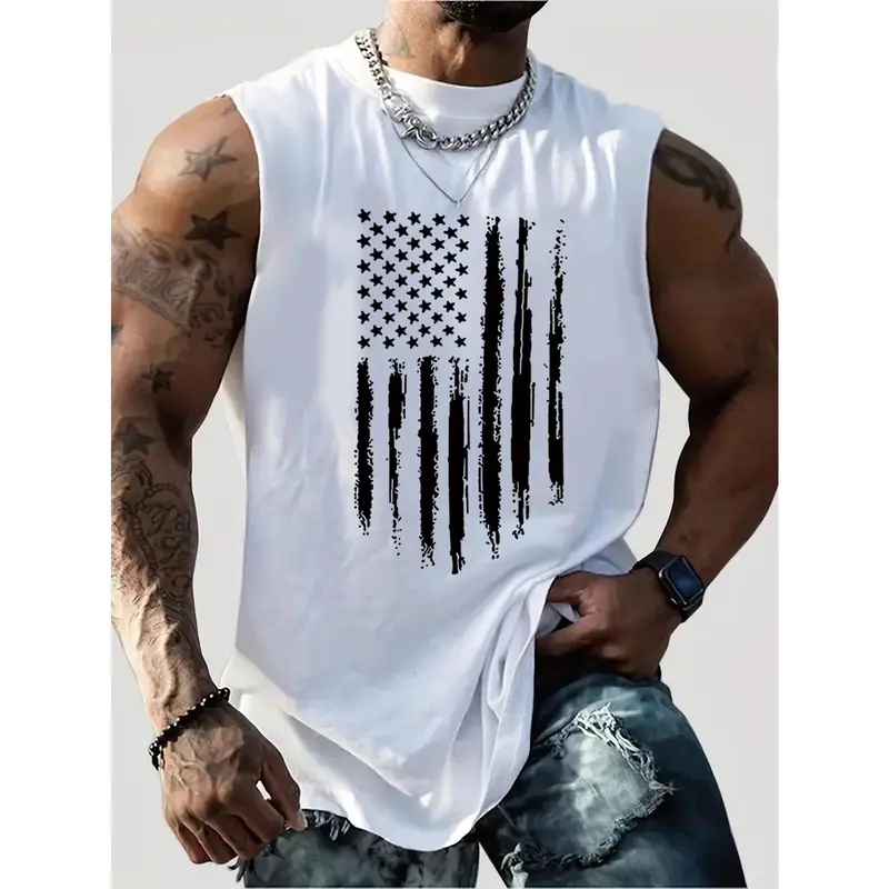 Men'S Breathable Cotton Sleeveless Vest with American Flag Print- Casual Round Neck Sports Vest, Summer White with Black Geometric Design, Lightweight and Comfortable, Suitable for Casual Wear, Cotton Vest