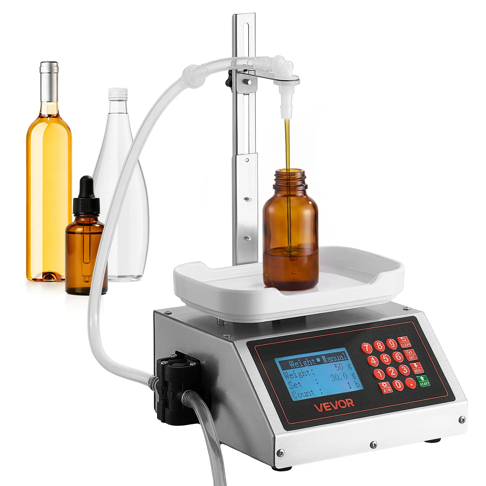 VEVOR Liquid Filling Machine, 10-1000g Recommend Automatic Bottle Filler, for Water, Detergent, Oil, Premium Stainless Steel Body, Digital Weighing, Adjustable Stand, Memory Presets, Easy to Operate