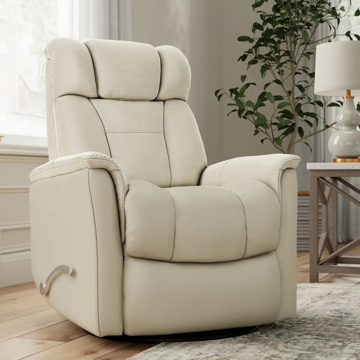 Sturdy Global Home PU Leather Swivel Glider Recliner Chair (Swivel Chairs), Bentley Oyster, Manual Headrest/Back/Footrest, Foam Cushion, Wood Frame, No-Sag Suspension, Single Box, Assembly Required, Ideal for Primary Living Space, 31.00 x 37.00 x 42.00 in