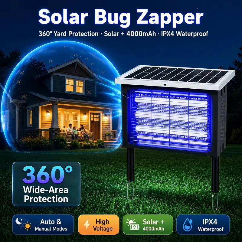Solar Bug Zapper Outdoor,3‑Tube UV Light Mosquito Killer,2‑in‑1 Ground Stake & Hanging Insect Trap,Waterproof Fly Zapper for Garden,Patio,Backyard