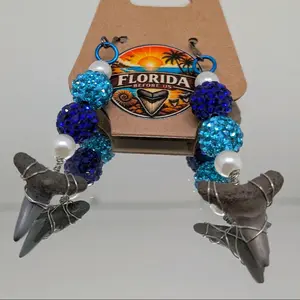 Florida Before Us "Wave" Series Wire Wrapped Shark Tooth Earrings Handmade with Blue & Turquoise Beads Unique Jewelry