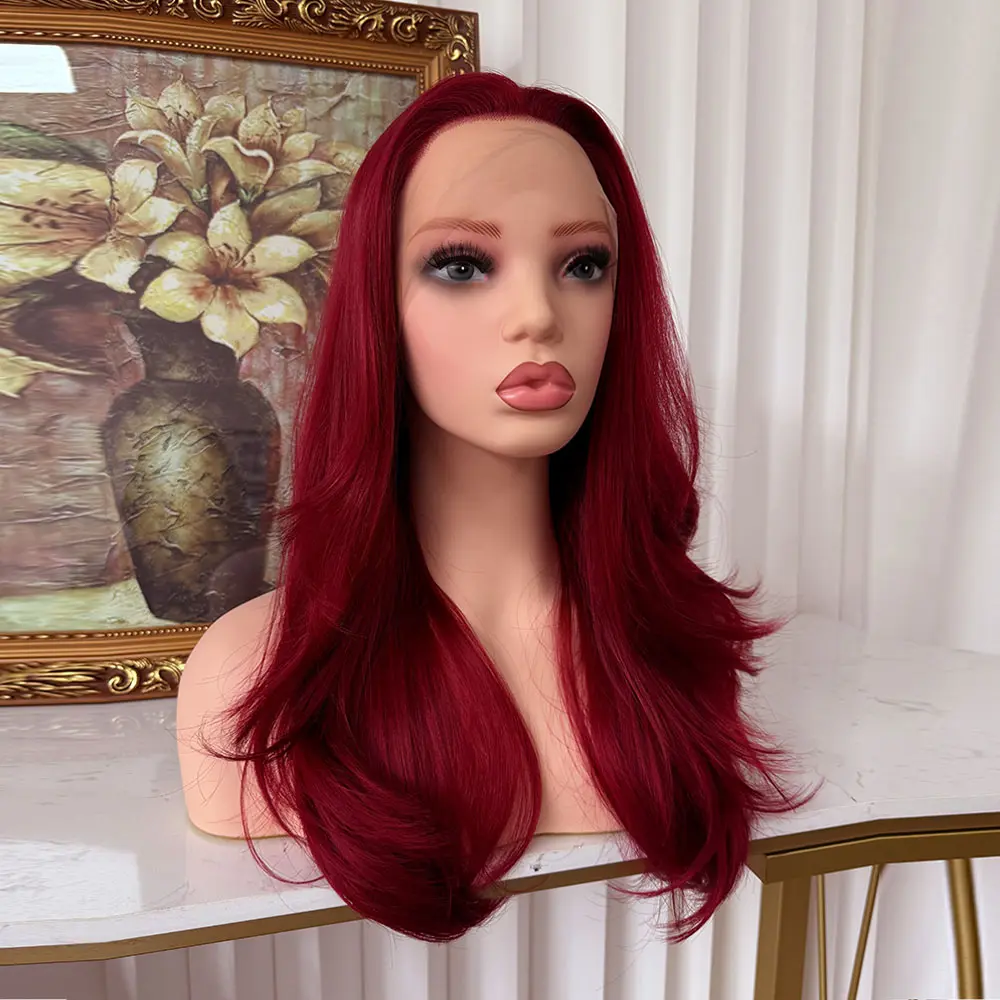 Lovestory Luna Red Color 20Inches Synthetic Lace Front Wigs Pre cut Pre layered Lace Wigs For Fashion Women Heat Resistant Fiber 13x4 Free Part Lace Wigs