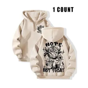 Women's Cartoon Highland Cow & Letter Print Half Zip Hoodie, Fashion Casual Drop Shoulder Long Sleeve Hooded Sweatshirt for Daily Holiday Outdoor Wear, Women Clothing for Fall & Winter