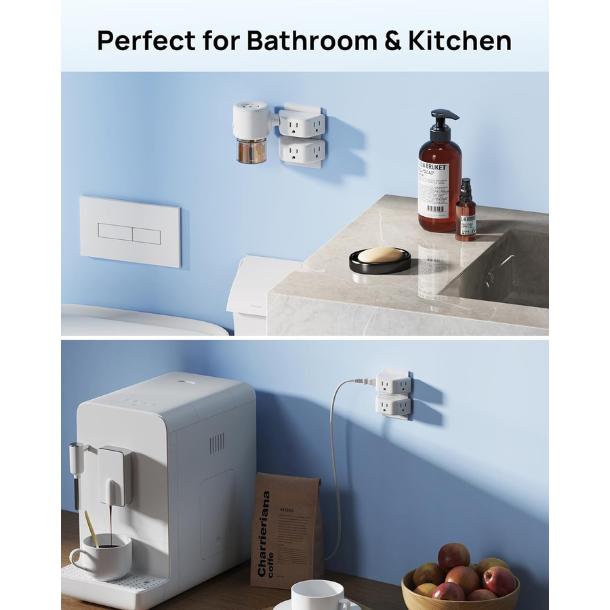 Multi Plug Outlet Extender 2 Pack - Electrical Wall Splitter, 3 Way Angled Wall Outlet Adapter, Cruise Essentials, Small Multiple Plug Expander for Cruise Ship Home Office Dorm Room, White