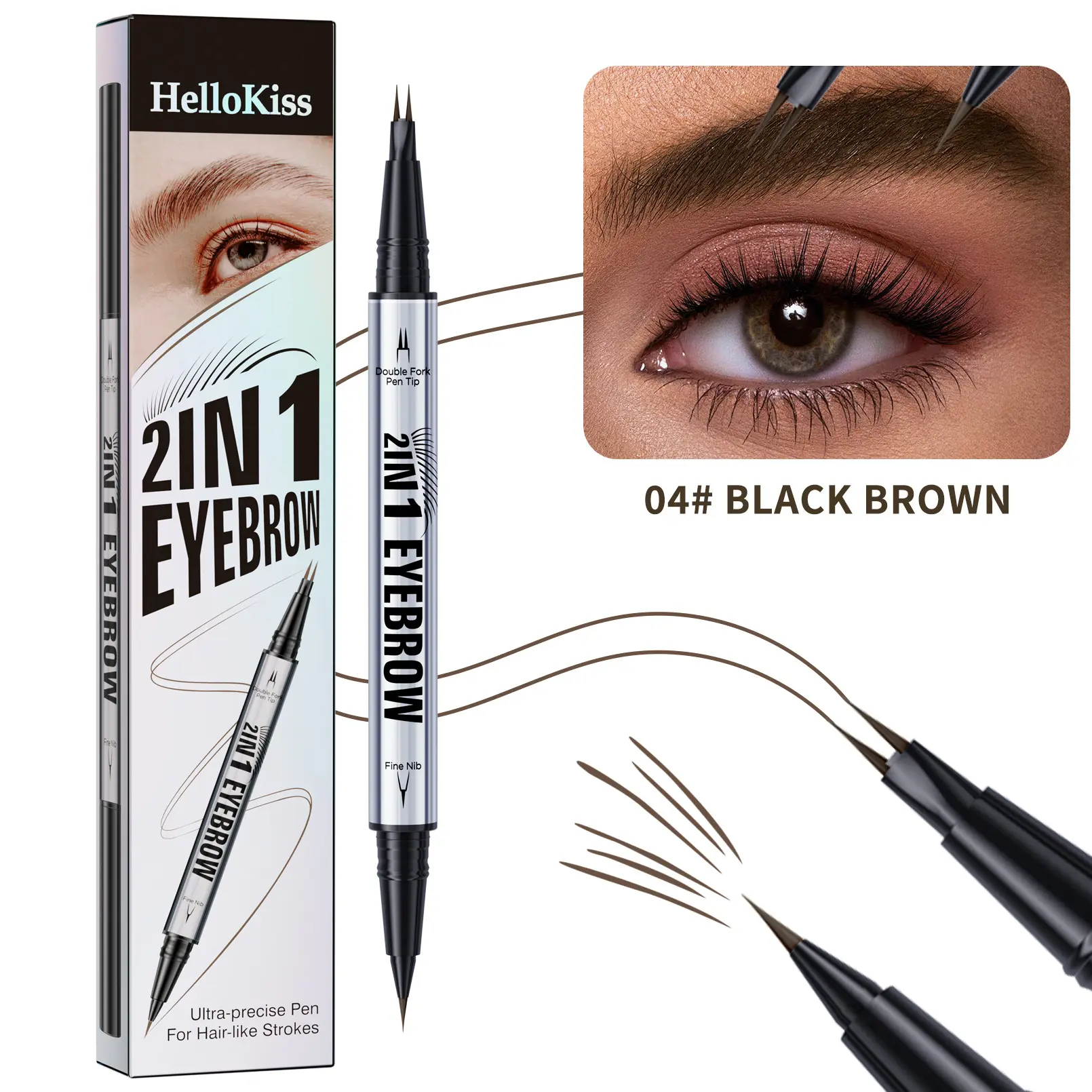 Dual Tip 2-in-1 Microblading Eyebrow Pen, 2-Prong Fork Liquid Brow Tool, Waterproof, Smudge-Proof, Oil-Resistant, Natural Hair-Like Brows, Dual-End Precision Fine Nib, All-Day Wear, Ideal for Beginners, Black Brown Shade
