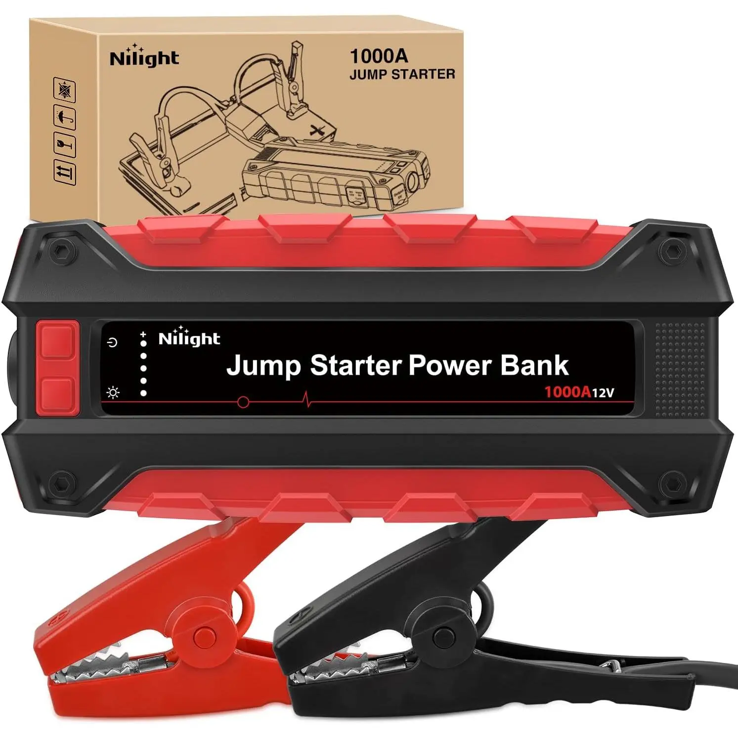 Nilight 1000A Car Battery Jump Starter for Up to 6.0L Gas & 4.0L Diesel Engines 12V Portable Jump Start Booster Pack Jump Box with Jumper Cables DC Output and LED Light, Power Bank