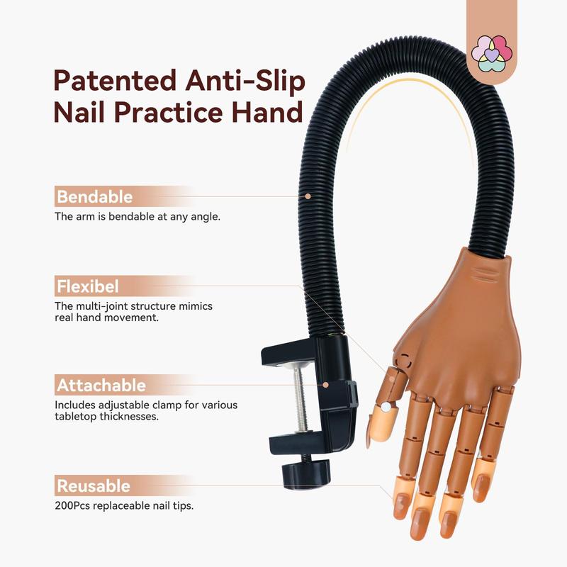 Practice Hand for Acrylic Nails, Flexible Moveable Fake Hands, Manicure Trainng Hand Nail Kit for Beginners, Movable Nail Maniquin Hand with 200PCS Nail Tips, Nail Glues, Brush and Clipper