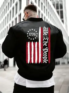 Men's Casual Stand Collar Zipper Jacket, American Flag Design, Fall & Winter Fashion, Windproof Warm Sweatshirt, Perfect Gift Idea