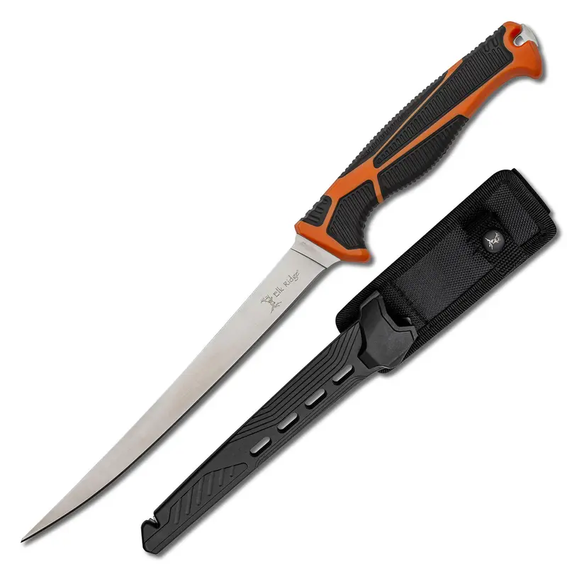 Elk Ridge Trek Series Non-Retractable Fixed-Blade Fillet Knife - 10 inches, Stainless Steel Full Tang Cutting Blade, Black & Orange Ergonomic Rubber Handle, Molded Sheath, Knives Sharpener, Secure Hold, Hiking/Fishing Gear, Model ER-TKFIX002