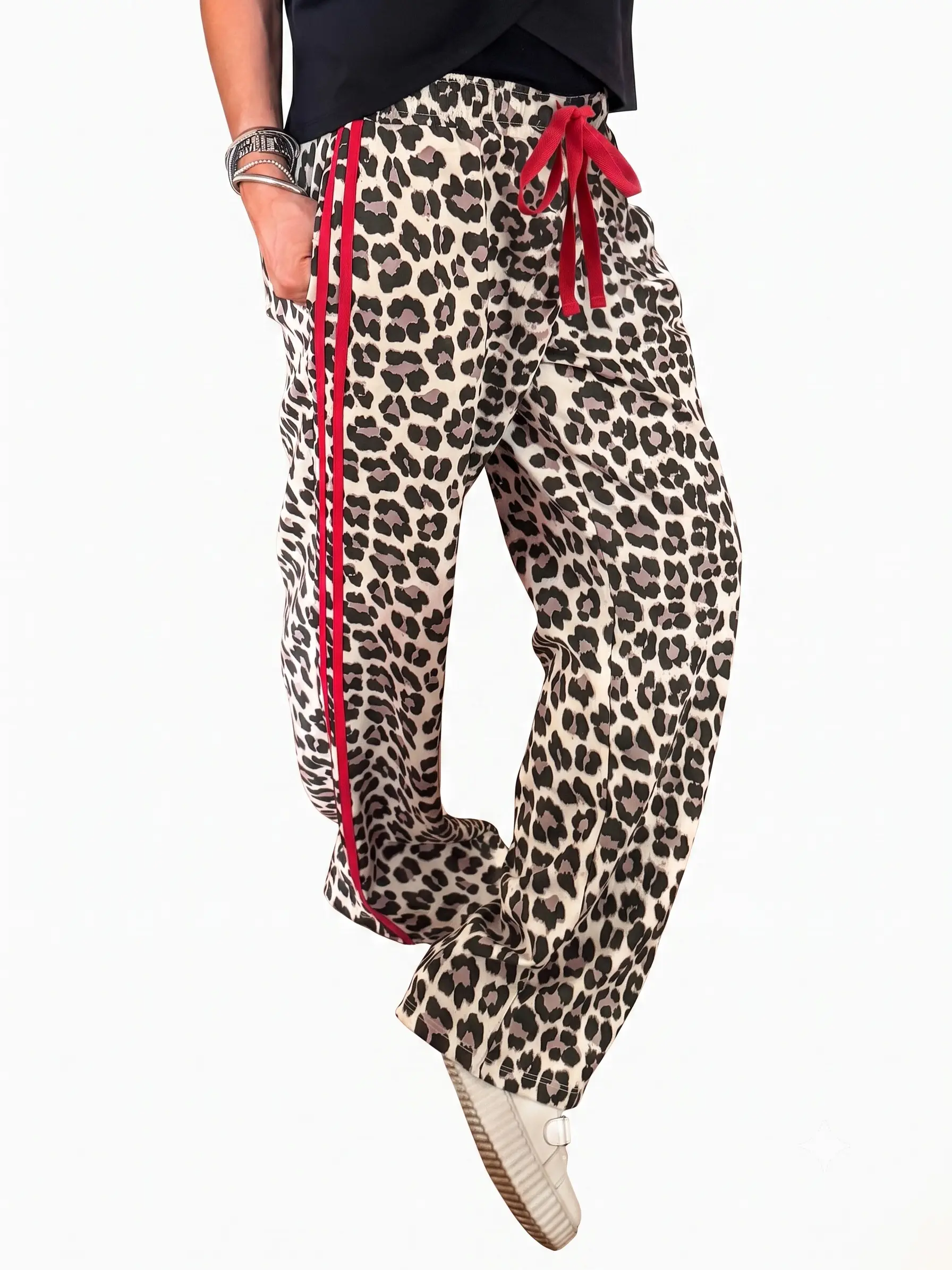 Women's Leopard Print Casual Pants with Red Side Stripe - Drawstring Waist Wide Leg Lounge Trousers with Pockets