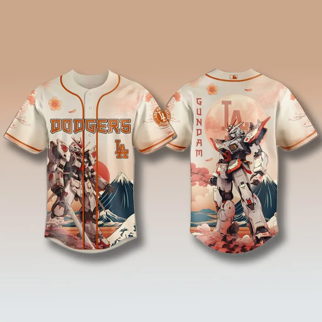 Gundam Mecha Anime LA Dodgers Custom Baseball Jersey, Premium Breathable Button-Down Sports Shirt, Vibrant Sakura Japanese Art Sublimation Print, Unique Streetwear Gift for Anime and Baseball Fans
