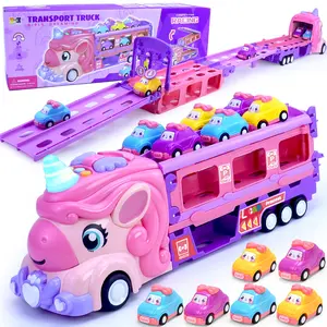 Kids 7-In-1 Unicorn Car Toy with Lights & Music, Foldable Transport Carrier Truck for 1-5 Year Olds, Perfect Gift for Girls