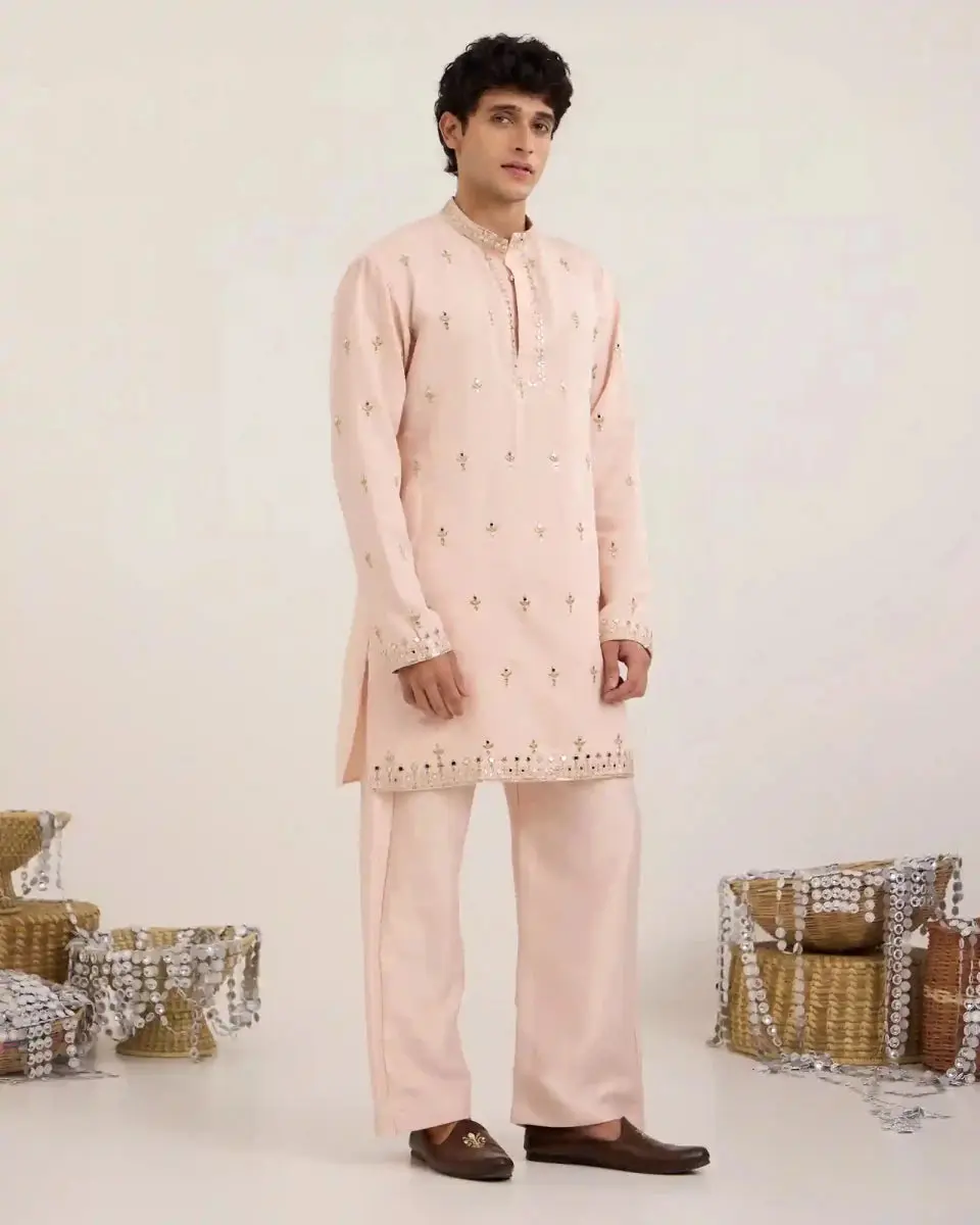 Men's Arel Soft Diamond Satin Apricot Kurta Set - Modest Islamic Koko & Top, Zari Detailing, Subtle Shimmer, Long Sleeve, Lightweight, Elegant, Ideal for Wedding, Party