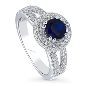 BERRICLE Sterling Silver Halo Milgrain Engagement Promise Rings Split Shank Ring for Her, Sapphire-Blue Round Cut Cubic Zirconia CZ