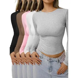 Women'S Solid Ruched Long Sleeve Crop Lounge Tee, Casual Comfy Round Neck T-Shirt For Daily Wear, Ladies Sleepwear For Spring & Fall, Pyjamas For Women