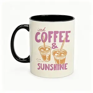 Iced Coffee & Sunshine Pattern Ceramic Cup, Coffee Lover Casual Graphic Ceramic Cup, Reusable Coffee Cups