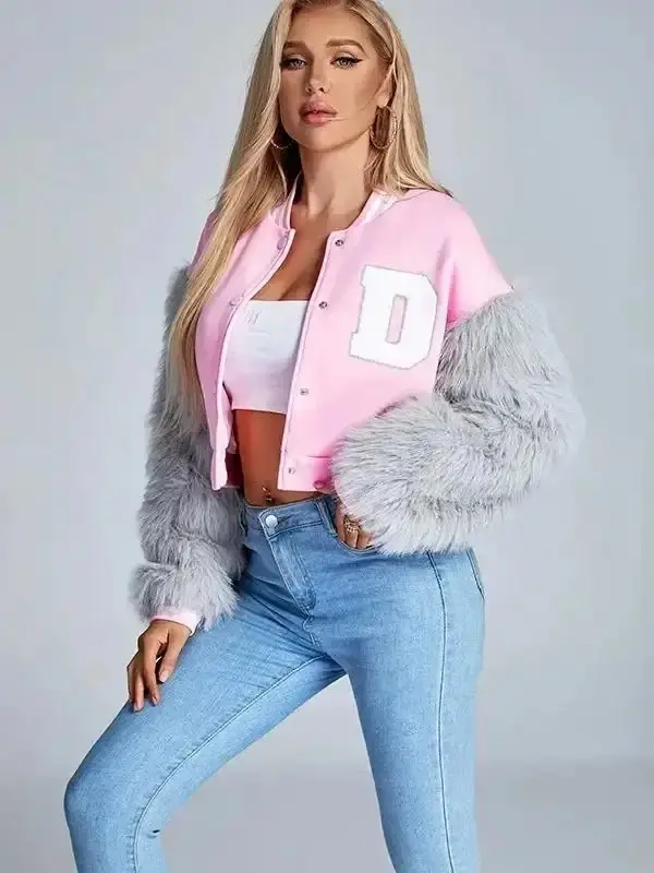Plush Patchwork Baseball Jacket for Women, Cozy Outerwear Elegant Statement Coat, Vintage Sporty Streetwear Layering Essential, transitional piece polished structure refined casual warmth