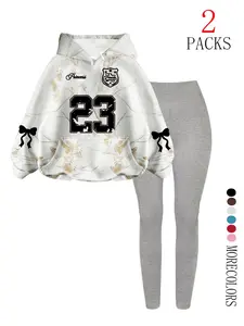 Women's Fall Winter Hooded Sweatshirt Set, Casual Loose Fit Sportswear, Letter Print Yoga Pants, Fashionable Running