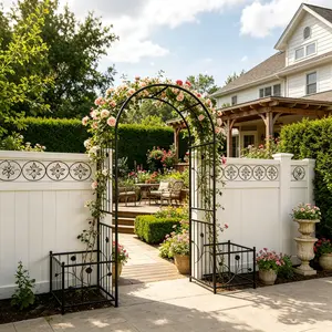 Metal Garden Arch with two plant stands 79.5'' Wide x 86.6'' High Climbing Plants Support Rose Arch Outdoor Black