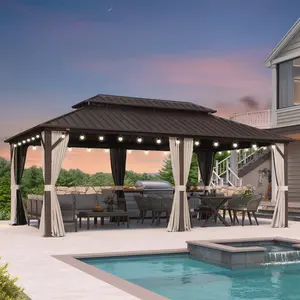PURPLE LEAF Outdoor Hardtop Gazebo Bronze Metal Frame Galvanized Steel Double Roof with Lights-clear