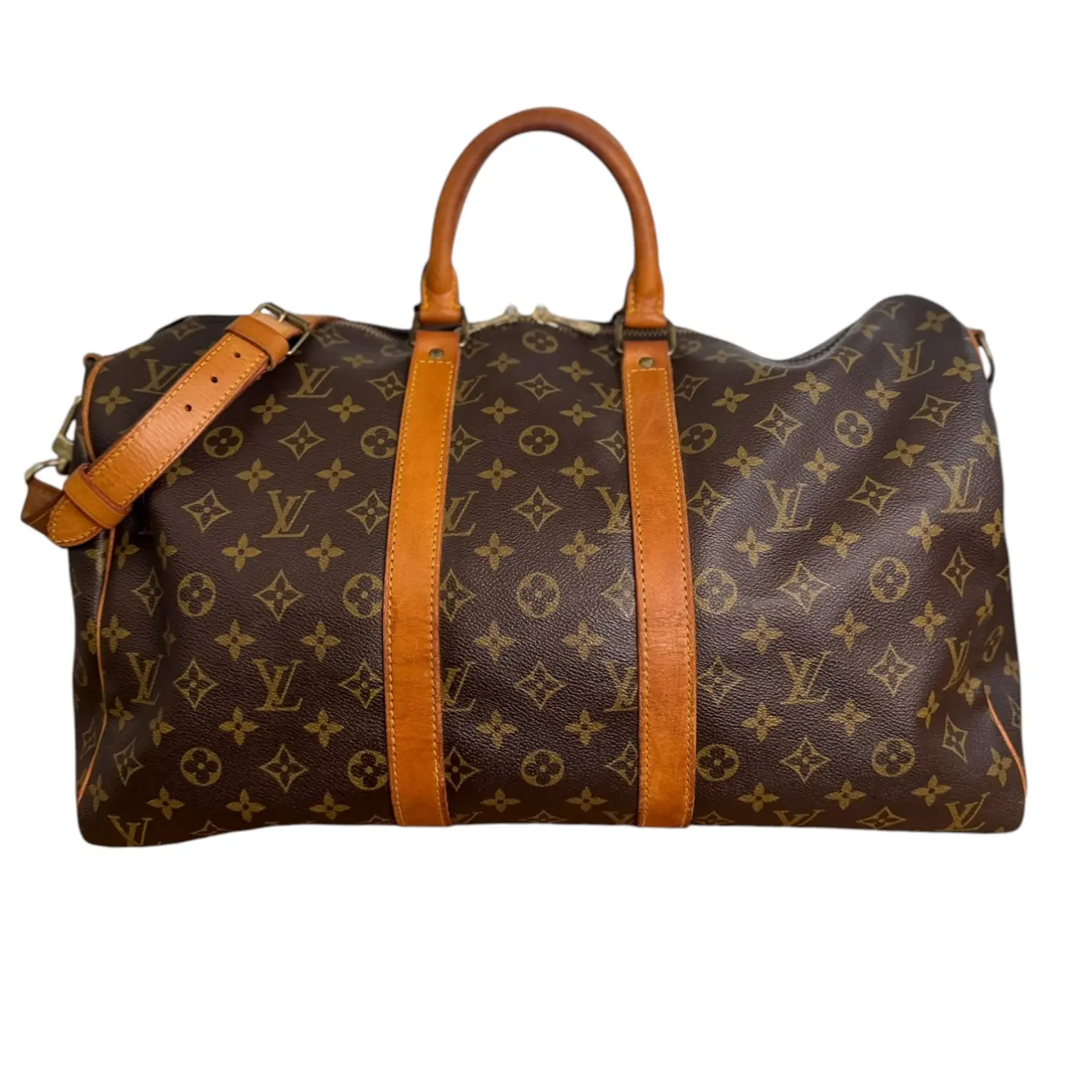 Pre-owned Louis Vuitton coated canvas and leather Travel Bags Monogram Coated Canvas Bandouliere Keepall 45