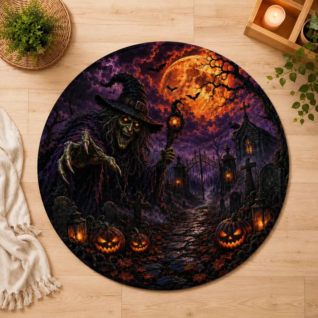 3D Halloween Witch Graveyard Rug, Spooky Round Floor Mat with Creepy Witch, Full Moon, Haunted Cemetery & Jack-O'-Lanterns, Halloween Home Decor