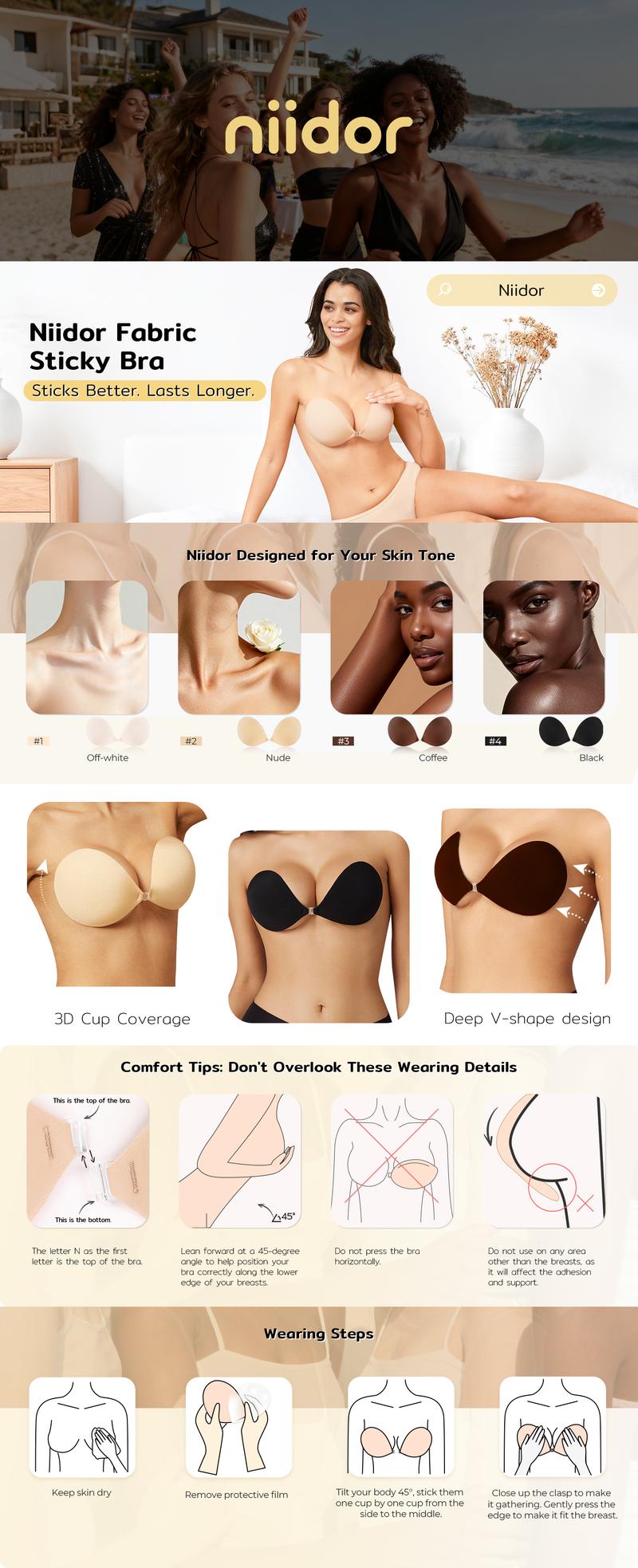 Niidor 2.0 New Fabric Bra Strapless Sticky Invisible Bra for Women Superior Lift Long Lasting Hold Reusable Comfortable Backless Accessories Size A-G Multiple Color Basics Underwire Minimizer