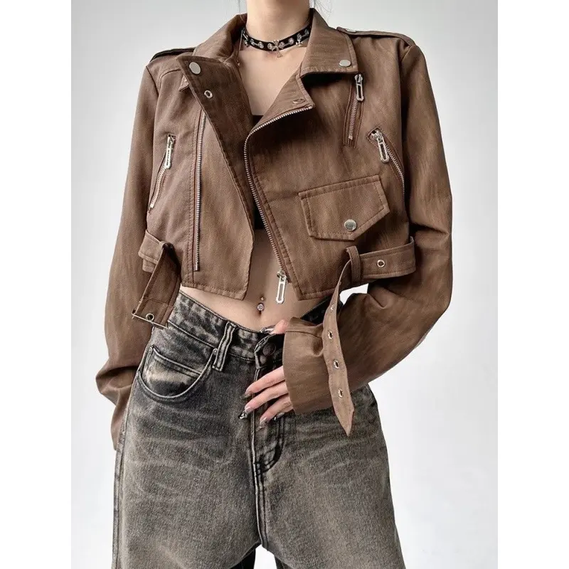 Women's 2025 Functional Wind Coffee Leather Jacket - Loose Fit, Punk Gothic Skeleton Print, Lace Up, Spring & Autumn Hong Kong-Style Coats, Aesthetic Fishnet Accent, Casual Asia Size Foreign-Style Statement Outerwear Pieces