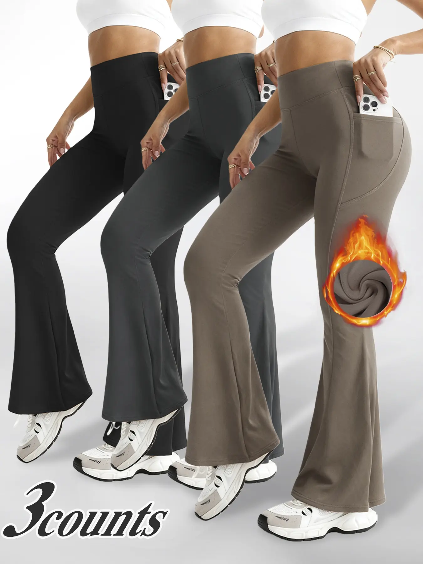 Hijesse winter women's bottoming bell bottoms warm velvet high waist ultra-warm trousers with side pockets designed for comfort and elasticity, warm autumn trousers, solid color, high waist and black warmth.