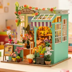 DIY Flower Shop Dollhouse Kit with LED Light, Miniature Garden House 3D Wooden Puzzle, NFC Floral Craft Gift for Adults Teens
