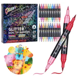 KEMYR Glitter Brush Markers Pens 48Colors Dual Tip Glitter Pens Set 24 Pack Metallic Sparkle Markers for Girls Gift Cards DIY Crafts Doodle Writing Adults Coloring Books Art Supplies Scrapbooking