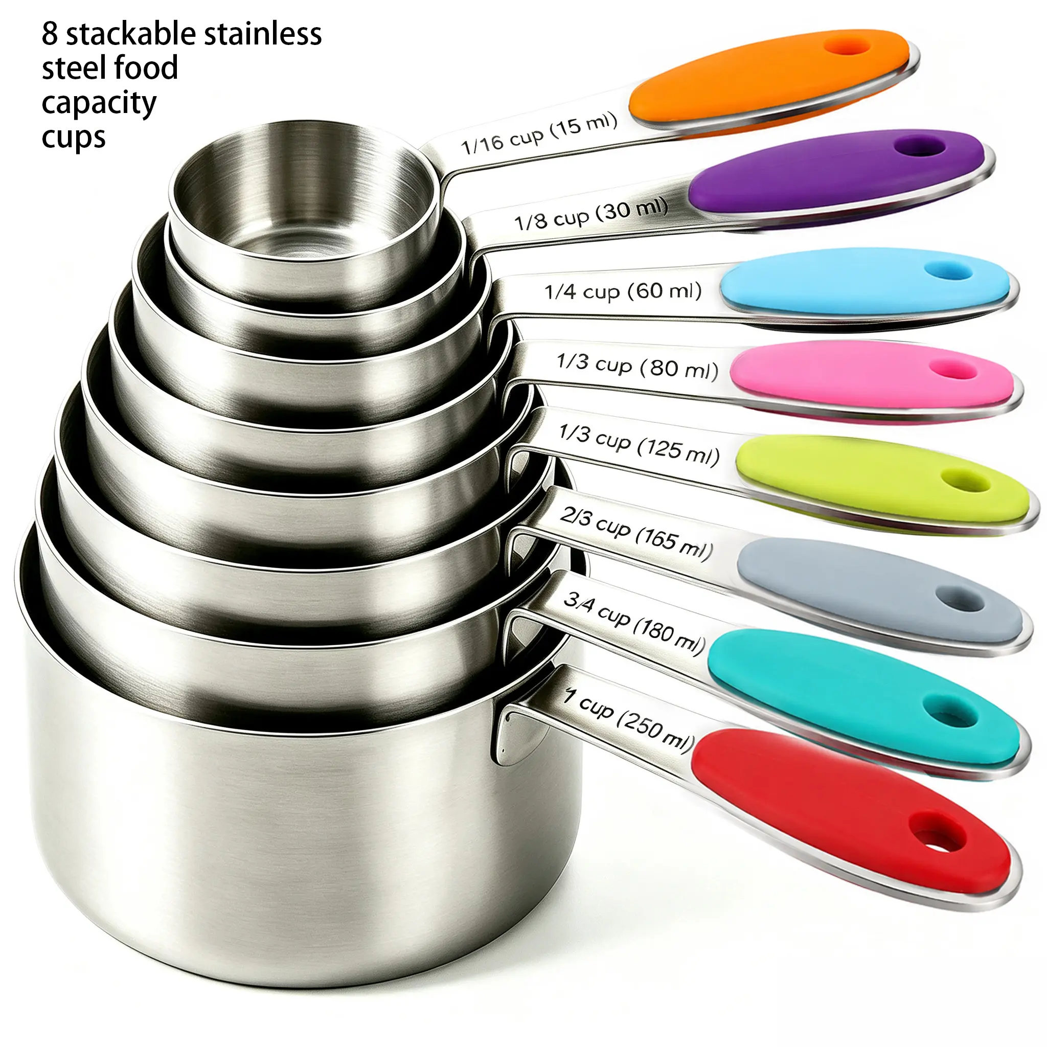 8-Piece Food Grade Stainless Steel Measuring Cup Set, Stackable, Sturdy Kitchen Utensils for Precise Liquid Ingredient Cooking and Baking