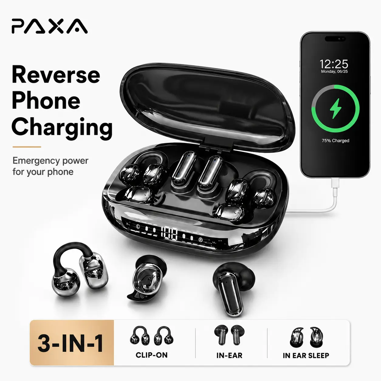 PAXA GT699S Wireless In-Ear & Clip-On Headphones with 6 Earbuds, Power Bank Box, 20kHz Audio Support, Sweat-Resist, Reverse Phone Charging, Ideal for Sports & Sleep, Compatible with Android & iOS