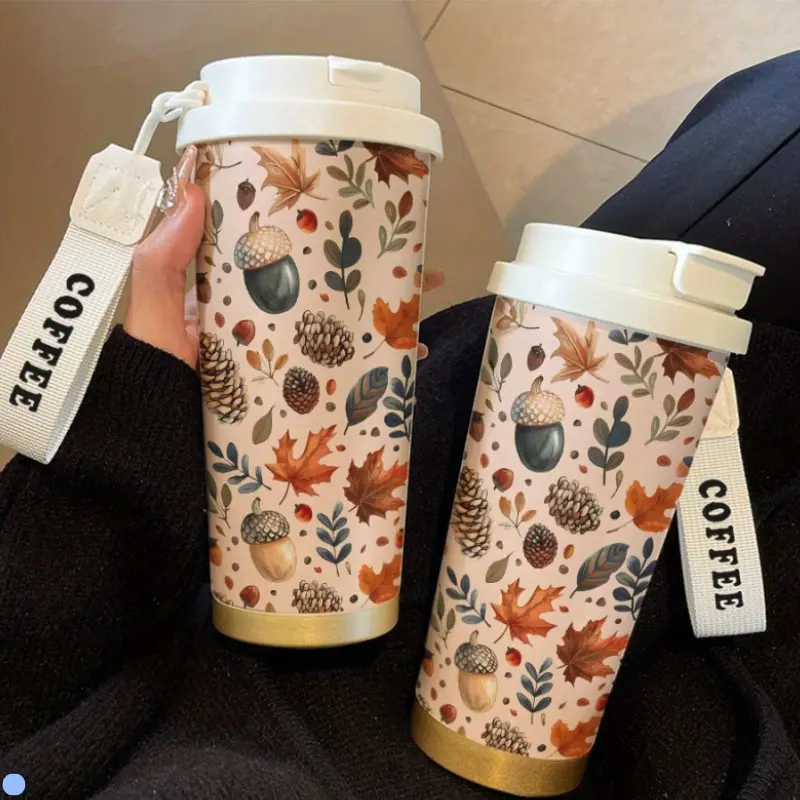 A 18oz Insulated Cup Featuring an Autumn Forest Plant Design, Stylish And in Demand, Perfect for Coffee, Portable with Thermal And Cold Insulation, Made of Stainless Steel, Ideal for Use at The Office, Home, Campus, During Rugby