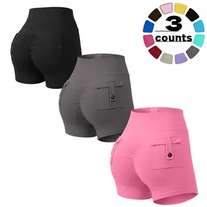 #SummerVibes    3pcs High Waist Athletic Yoga Shorts,Soft Shorts,Breathable, Pocketed Stretchable Tight Fit Gym Wear For Daily Workout & Casual Use Women Outdoorfun summerwins