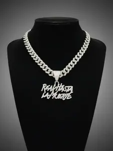 Street Style Rhinestones Decorated Letters Design Pendant Necklace, Casual Trendy Pendant Necklace for Party & Daily Decoration Without Box for Men, Cuban Link Chain