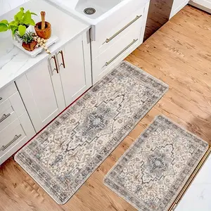 Distressed Boho Persian 2-Piece Kitchen Mats, Non-Slip Stain Resistant Washable Kitchen Rugs, 16"x24"+18"x47"Anti-Fatigue Floor Mats for Kitchen, Entryway, Bedroom, Office
