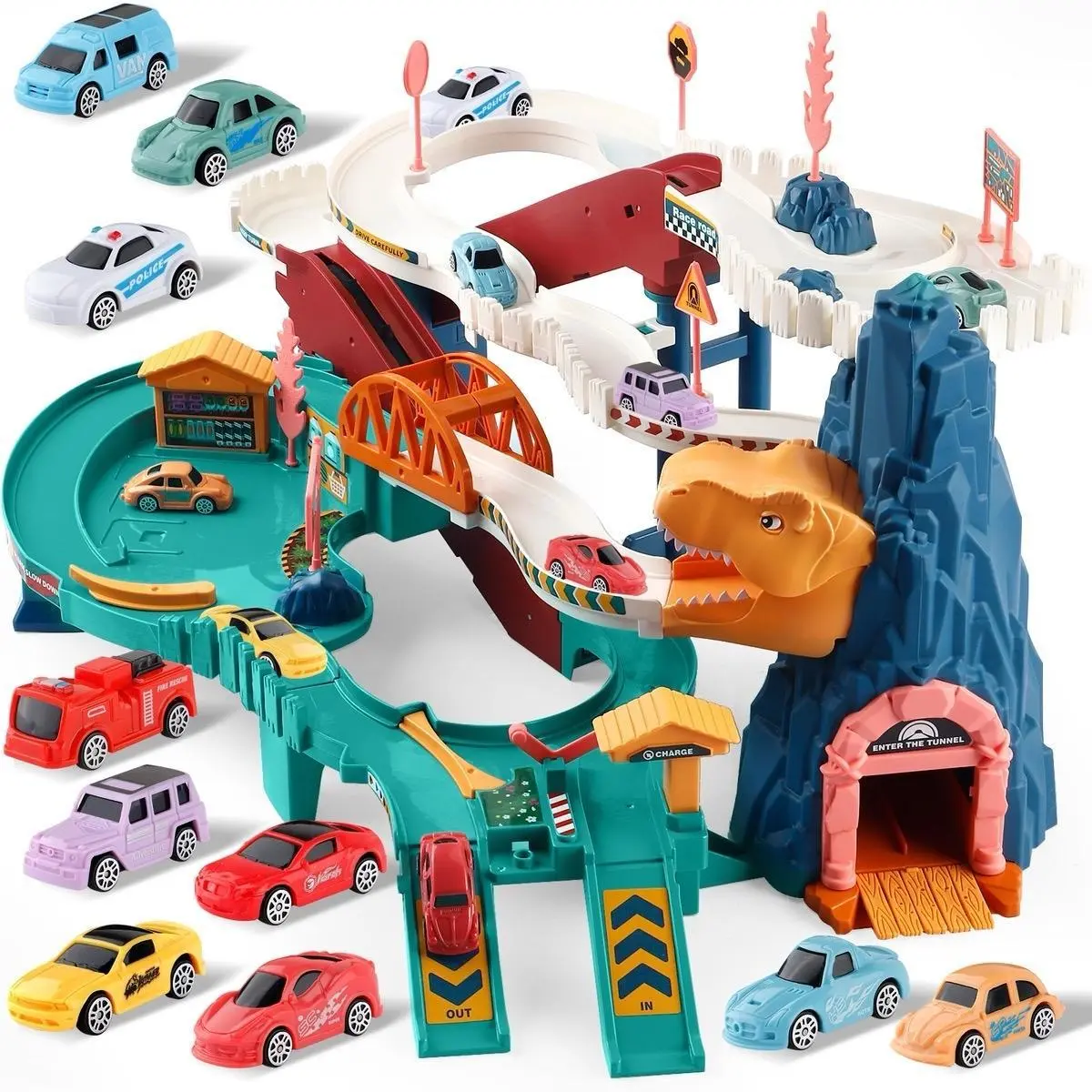 King Size Dinosaur Hill Car Ramp Track - Large Race Track Play Set, Features 10 Mini Racers and Vibrant Tracks, Perfect for Kids Car Ages 3+ Toys set Preschool Coordination