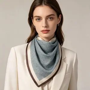 Female INS Blue Grid Print Square Silk Scarf, 75g Ultra-Lightweight Soft Breathable Headscarf for Women, All-Season Accessory Ideal for Summer Air-Conditioned Spaces, Daily Use & Bridesmaid Gift
