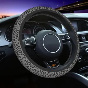 Black Leopard Print Steering Wheel Cover Universal 15inch Cheetah Elastic Steering Wheel Cover Leopard Print Car Accessories Anti-Slip Breathable Neoprene Steering Wheel Cover Protective Cover Universal