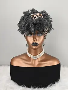Leopard Print Headband Wig, Salt & Pepper Curly Synthetic Hair, No Glue, Easy Wear, Coily Hair, All Seasons Accessory