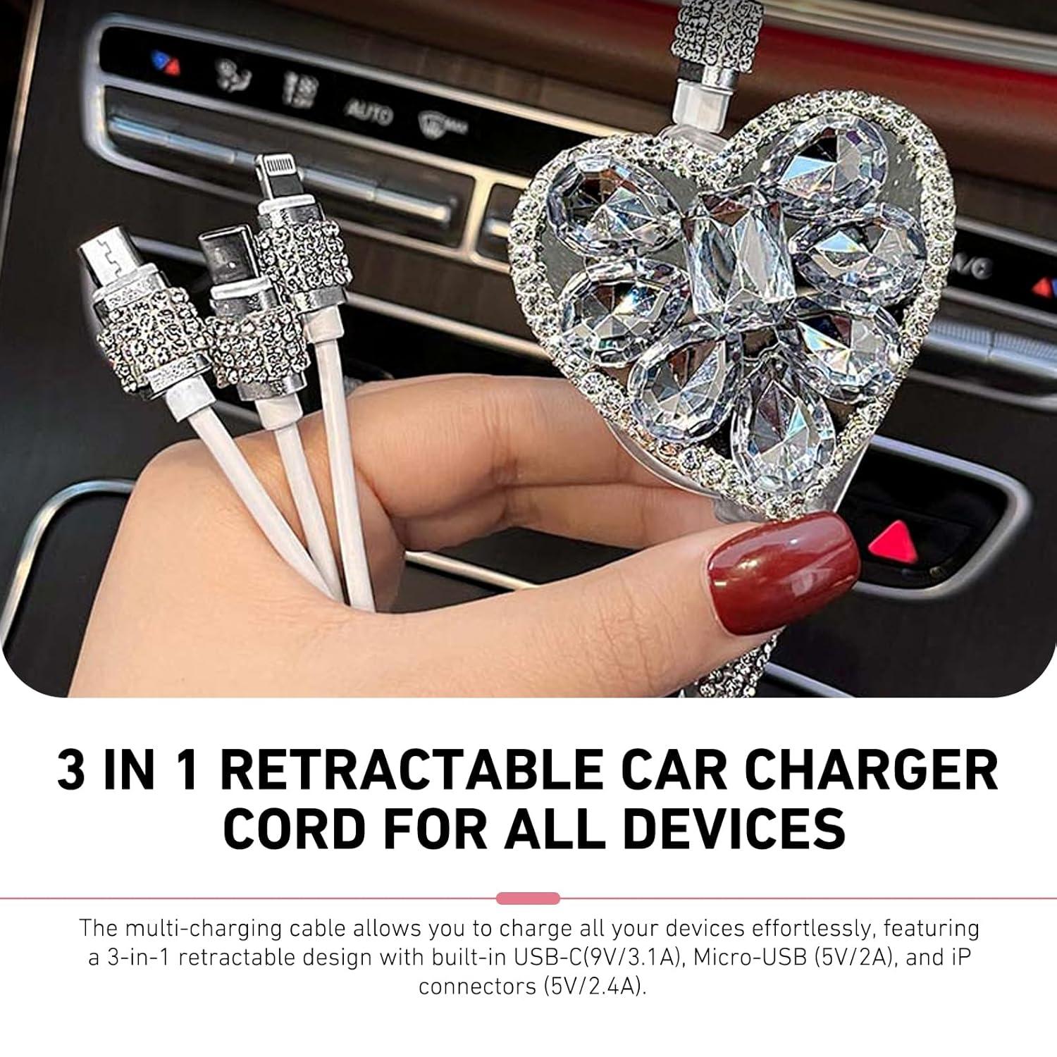 Pink Clear Sparkly Charging Cable 3-in-1 Heart Diamond Crystal Girly Car Accessory Fast Charge Phone Charger Cute Viral Gift for Her