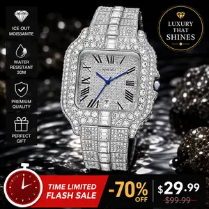 Men’s Ultra-Light Iced Out Quartz Analog Watch - Round Face, Luxury Roman Numerals, Waterproof, Date Function, Business Casual Dress Watch, Father’s Day Gift, Gifts for Guys