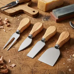 Star Design Stainless Steel Butter Knife & Cheese Slicer Set with Oak Handle - Mini Cake Server, Heat-Resistant Non-Slip Grip, Easy-Clean Kitchen Tools for Bakery & Dining Service