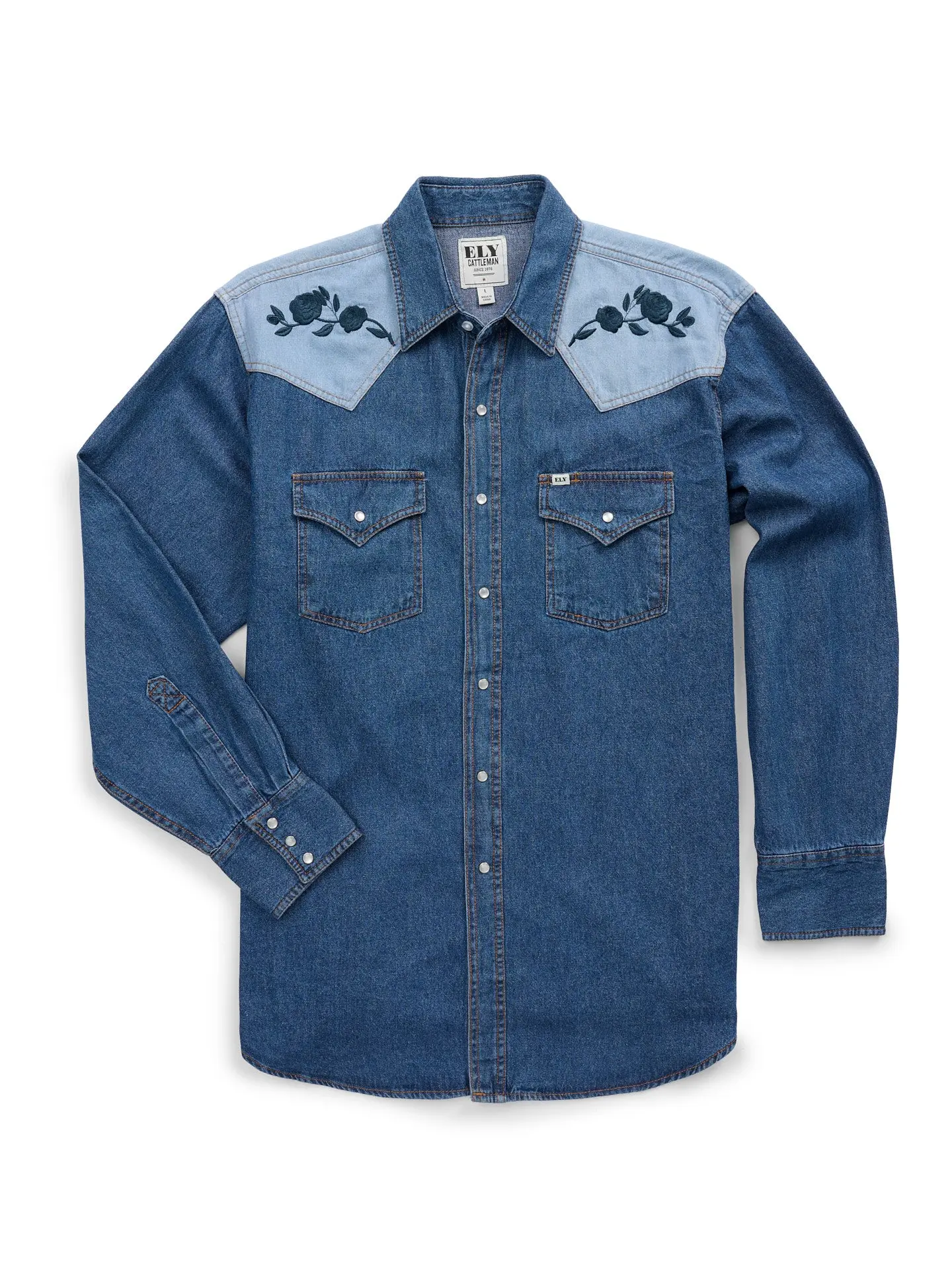 Men's Ely Cattleman Retro Contrast Cotton Western Snap Shirt - Menswear Cowboy Top with Rose Embroidery, Pocket, Long Sleeves, Casual Western Outfit
