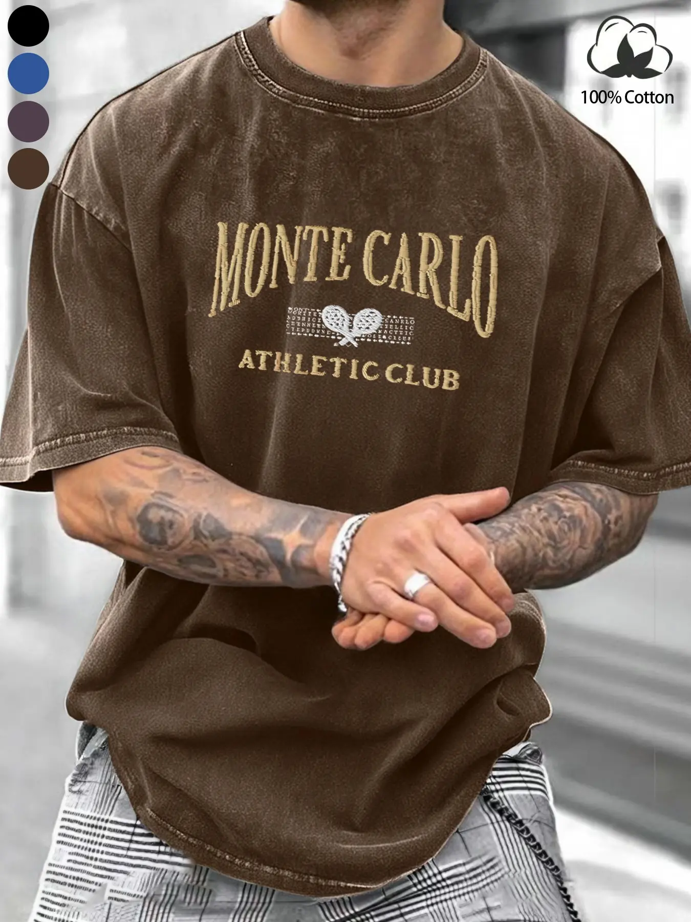 Men's Montecarlo Athletic Sport Club Embroidered Washed T-Shirt, 100% Cotton Vintage Sports Style Short Sleeve, Loose Shoulder Casual Top, Graphic Embroidery, Casual Tee