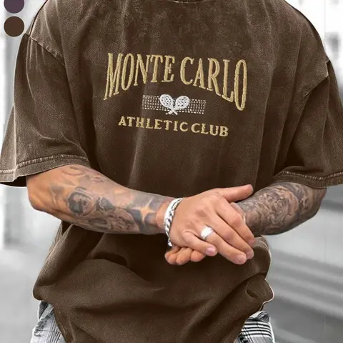 Men's Montecarlo Athletic Sport Club Embroidered Washed T-Shirt, 100% Cotton Vintage Sports Style Short Sleeve, Loose Shoulder Casual Top, Graphic Embroidery, Casual Tee