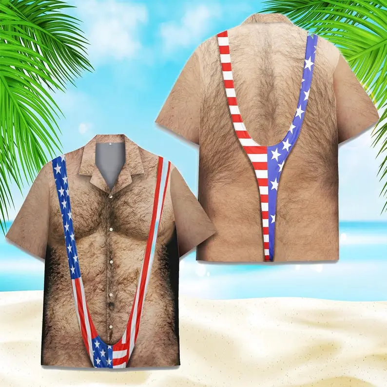 American Flag Funny Hawaiian Shirt Men Patriotic Chest Hair Illusion 3D Graphic Short Sleeve Casual Button Down Beach Party Summer Outfits T-Shirts
