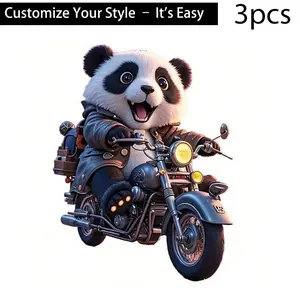 3pcs Panda Riding Motorcycle Heat Transfer Stickers, High Definition, Tear-Resistant, DIY Iron-On Decals, Durable Plastic for T-Shirts, Pillows, Backpacks, Cushions, Pants, Sofa Covers - Waterproof