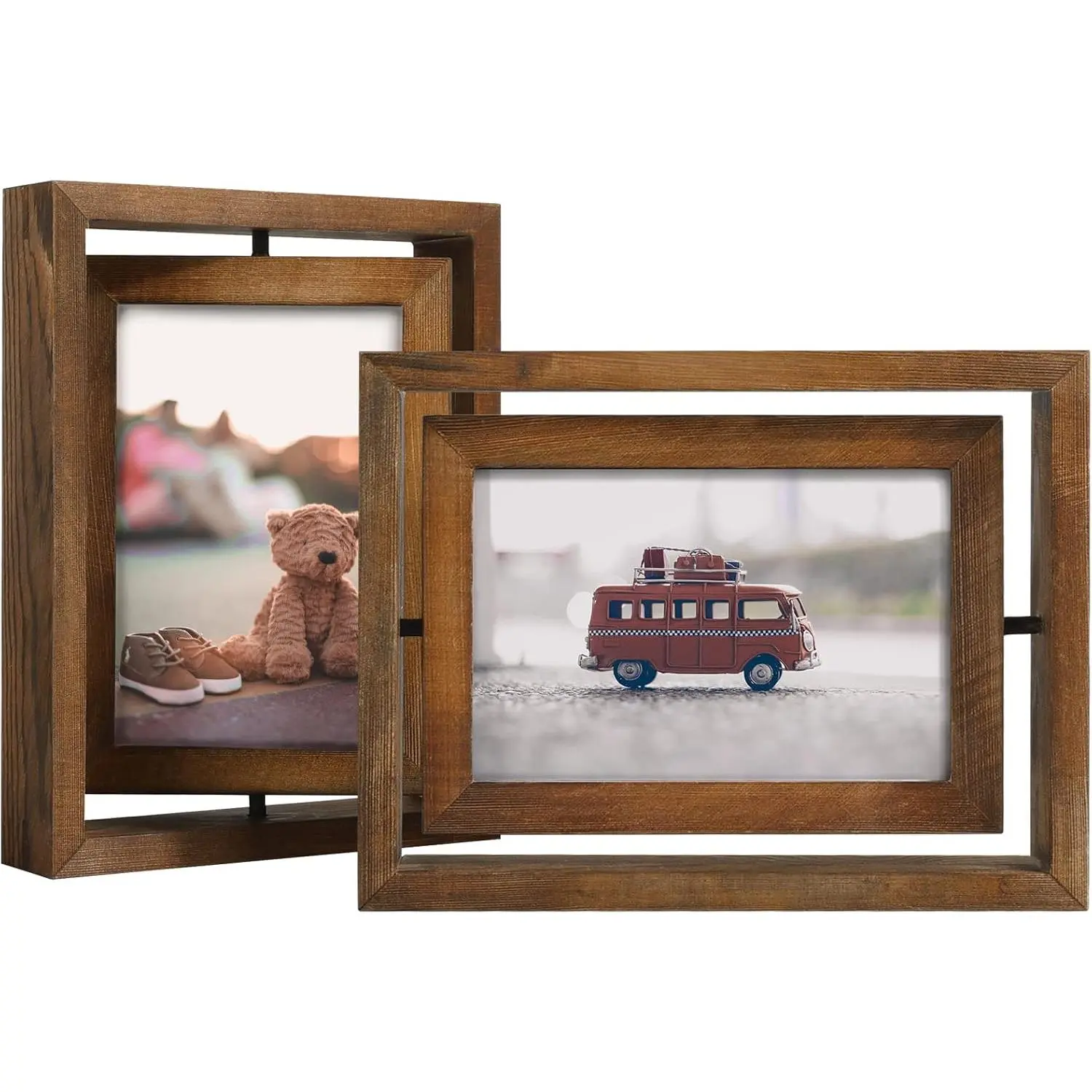 Vintage 2-Pack 4x6 Rotating Floating Photo Frames - Distressed Wooden Frames with HD Glass Front, Double-Sided Display, Light Weight, Indoor Tabletop Use, Ideal for Christmas, Flowers, Mother's Day Home Decor Gifts
